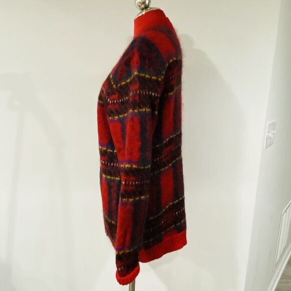 Vintage Susan Bristol Sz M Red Plaid Mohair Wool Blend Cardigan Sweater Classic - Picture 6 of 12